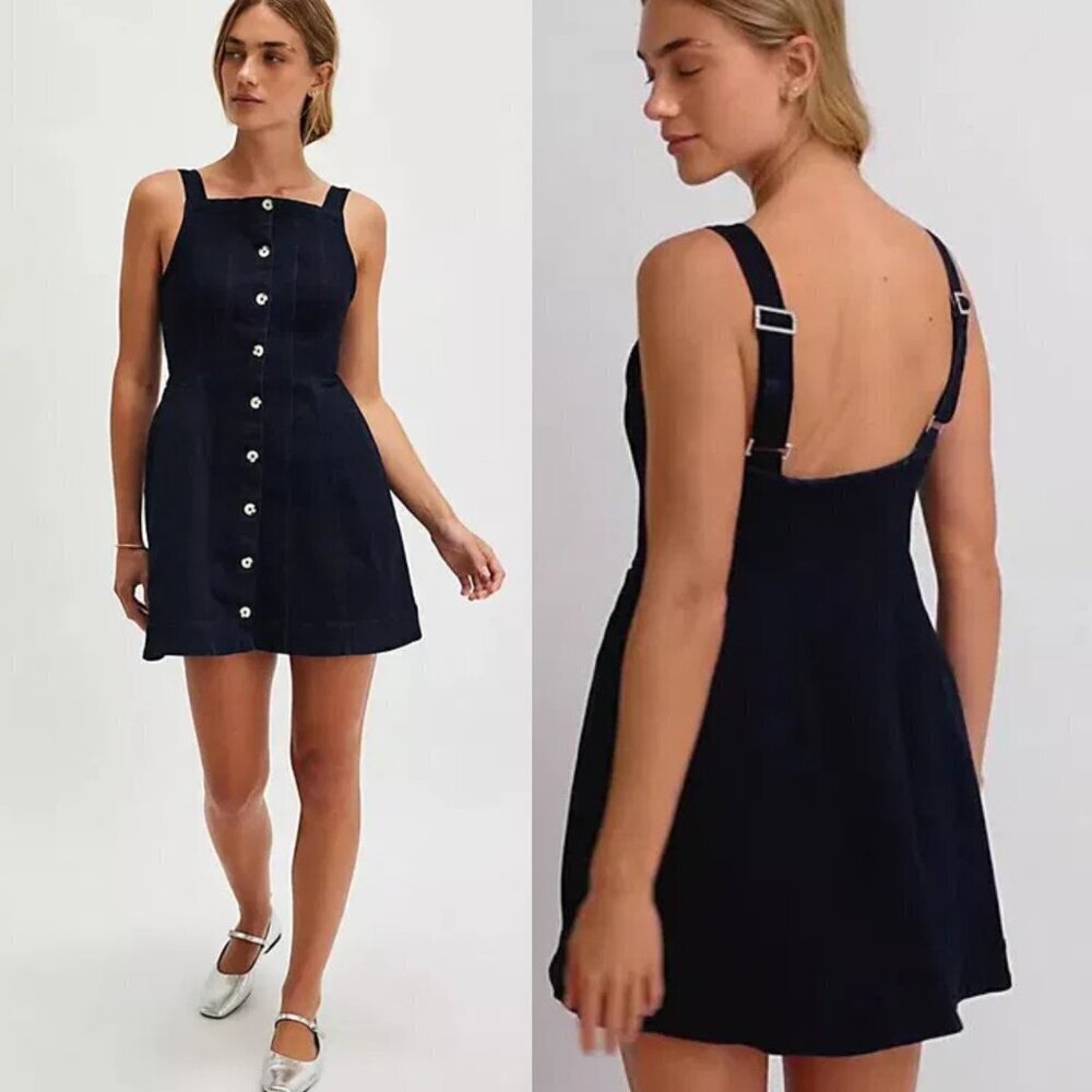 New! FREE PEOPLE Gimme More Dark Blue Denim Button Up Mini Dress 37495
